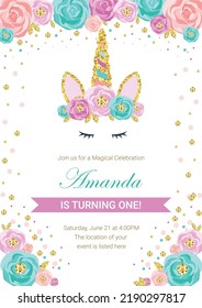  Birthday party invitation with beautiful unicorn surrounded with glitter and flowers. Template vector illustration on pink background. Release clipping mask for full size objects.