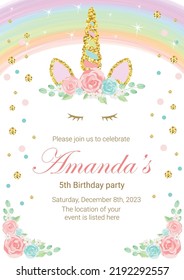 Birthday party invitation with beautiful unicorn surrounded with glitter and flowers. Template vector illustration on pink background. Release clipping mask for full size objects.