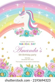 Birthday party invitation with beautiful unicorn surrounded with glitter and flowers. Template vector illustration on pink background. Release clipping mask for full size objects.