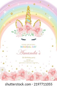 Birthday party invitation with beautiful unicorn surrounded with glitter and flowers. Template vector illustration on pink background. Release clipping mask for full size objects.