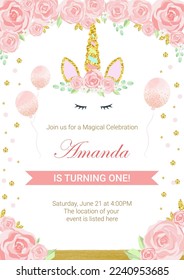 Birthday party invitation with beautiful unicorn surrounded with glitter and flowers. Template vector illustration on pink background. 