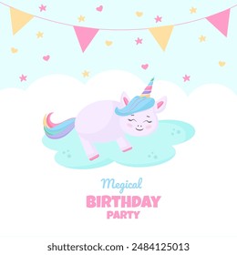 Birthday party invitation with beautiful unicorn . Template vector illustration on blue background. vector background with a rainbow unicorn in cloudy sky for banners, cards, flyers, social media wall
