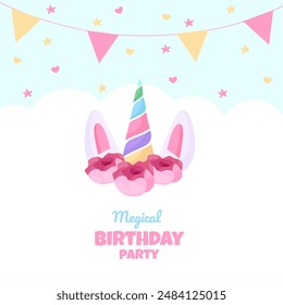 Birthday party invitation with beautiful unicorn . Template vector illustration on blue background. vector background with a rainbow unicorn in cloudy sky for banners, cards, flyers, social media wall