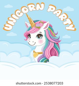 Birthday party invitation with beautiful unicorn. Cartoon character with colored hair and golden horn hid behind the clouds. Vector illustration in flat style