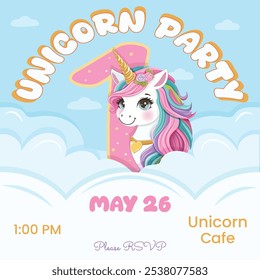 Birthday party invitation with beautiful unicorn and number 1. Cartoon character with colored hair and golden horn hid behind the clouds. Vector illustration in flat style