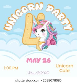 Birthday party invitation with beautiful unicorn and number 4. Cartoon character with colored hair and golden horn hid behind the clouds. Vector illustration in flat style