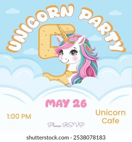 Birthday party invitation with beautiful unicorn and number 5. Cartoon character with colored hair and golden horn hid behind the clouds. Vector illustration in flat style