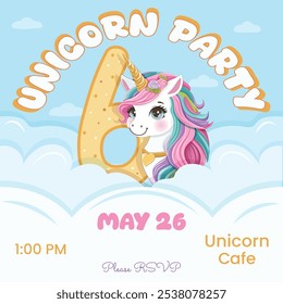 Birthday party invitation with beautiful unicorn and number 6. Cartoon character with colored hair and golden horn hid behind the clouds. Vector illustration in flat style