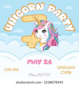 Birthday party invitation with beautiful unicorn and number 7. Cartoon character with colored hair and golden horn hid behind the clouds. Vector illustration in flat style