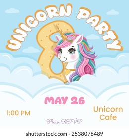 Invitación de fiesta de cumpleaños con hermoso unicornio y número 8. Personaje de dibujos animados con el pelo de color y cuerno de oro se escondió detrás de las nubes. Ilustración vectorial en estilo plano