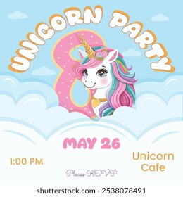 Invitación de fiesta de cumpleaños con hermoso unicornio y número 8. Personaje de dibujos animados con el pelo de color y cuerno de oro se escondió detrás de las nubes. Ilustración vectorial en estilo plano