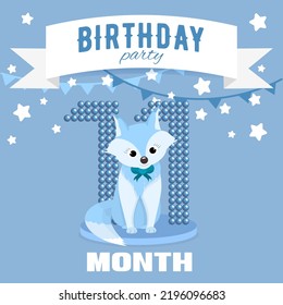 Birthday party invitation for the boy's eleventh month birthday with little fox, stars and flags. Children's 11 month party. Blue color pallete.  Square format.  Flat illustration.