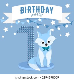 Birthday party invitation for the boy's first birthday with little fox, stars and flags. Children's 1 years party. Blue color pallete.  Square format. Flat illustration. 