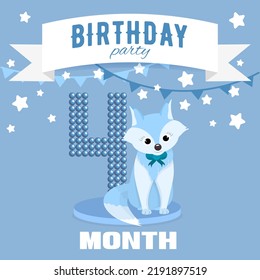 Birthday party invitation for the boy's fourth month birthday with little fox, stars and flags. Children's 4 month party. Blue color pallete.  Square format.  Flat illustration.