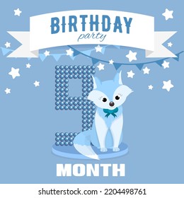 Birthday Party Invitation For The Boy's Ninth Month Birthday With Little Fox, Stars And Flags. Children's 9 Month Party. Blue Color Pallete.  Square Format.  Flat Illustration.