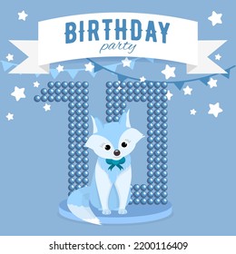 Birthday party invitation for the boy's tenth birthday with little fox, stars and flags. Children's 10 years party. Blue color pallete.  Square format. Flat illustration. 
