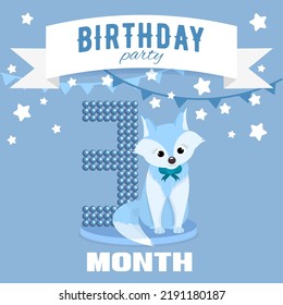 Birthday party invitation for the boy's third month birthday with little fox, stars and flags. Children's 3 month party. Blue color pallete.  Square format.  Flat illustration.