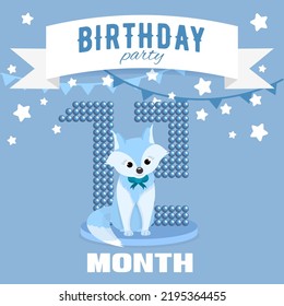 Birthday party invitation for the boy's twelfth month birthday with little fox, stars and flags. Children's 12 month party. Blue color pallete.  Square format.  Flat illustration.