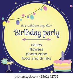 Birthday party, party, invitation, cake, cocktail, glass, lanterns, bright invitation