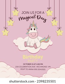 Birthday party invitation card with baby unicorn. Vector illustration