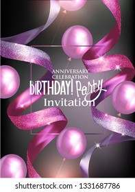 Birthday party invitation card with beautiful ribbons and air balloons. Vector illustration