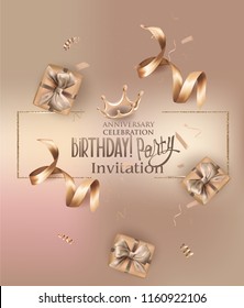 Birthday party invitation card with beige decor elements. Vector illustration