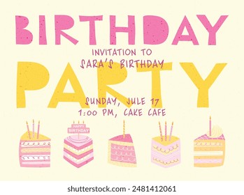 Birthday party invitation card with cakes. Birthday party text vector design. Vector illustration greeting dedication card background.