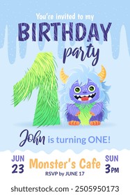 Birthday party invitation card with cartoon monster, hand drawn fluffy number one, and slime. Celebrate a first birthday. Happy birthday and Halloween concepts. Postcard template. Vector illustration.