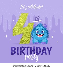 Birthday party invitation card with cartoon monster, hand drawn fluffy number four, and slime. Celebrate a fourth birthday. Happy birthday and Halloween concepts. Postcard or leaflet template.