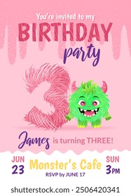 Birthday party invitation card with cartoon monster, hand drawn fluffy number three, and slime. Celebrate a third birthday. Happy birthday and Halloween concepts. Postcard or leaflet template.