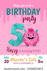 Birthday party invitation card with cartoon monster, hand drawn fluffy number five, and slime. Celebrate a fifth birthday. Happy birthday and Halloween concepts. Postcard template. Vector illustration