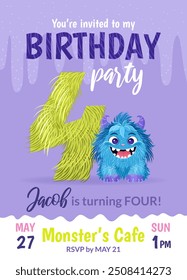 Birthday party invitation card with cartoon monster, hand drawn fluffy number four, and slime. Celebrate a fourth birthday. Happy birthday and Halloween concepts. Vertical postcard or leaflet template