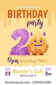 Birthday party invitation card with cartoon monster, hand drawn fluffy number two, and slime. Celebrate a second birthday. Happy birthday and Halloween concepts. Postcard template. Vector illustration