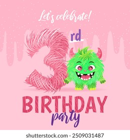 Birthday party invitation card with cartoon monster, hand drawn fluffy number three, and slime. Celebrate a third birthday. Happy birthday and Halloween concepts. Vector postcard template.