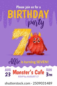 Birthday party invitation card with cartoon monster, hand drawn fluffy number seven, and slime. Celebrate a seventh birthday. Happy birthday and Halloween concepts. Vector postcard template.