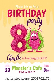 Birthday party invitation card with cartoon monster, hand drawn fluffy number eight, and slime. Celebrate a eighth birthday. Happy birthday and Halloween concepts. Vector postcard template.