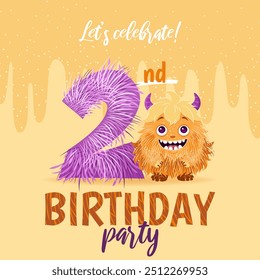 Birthday party invitation card with cartoon monster, hand drawn fluffy number two, and slime. Celebrate a second birthday. Happy birthday and Halloween concepts. Vector postcard template.