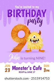 Birthday party invitation card with cartoon monster, hand drawn fluffy number nine, and slime. Celebrate a ninth anniversary. Happy birthday and Halloween concepts. Vector postcard template.