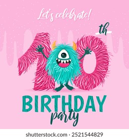 Tarjeta de invitación de fiesta de cumpleaños con monstruo de dibujos animados, número diez esponjoso dibujado a mano y baba. Celebra un décimo cumpleaños. Feliz cumpleaños y conceptos de Halloween. Vector de Plantilla postal.