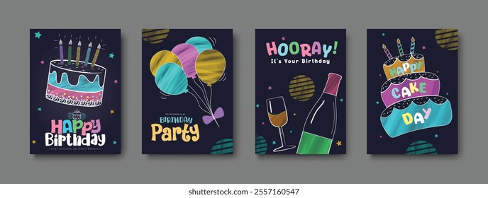 Birthday party invitation card clipart poster set design. Happy birthday greeting and wishes with cake, balloons and soda elements in chalk sketch outline collection. Vector illustration bday greeting