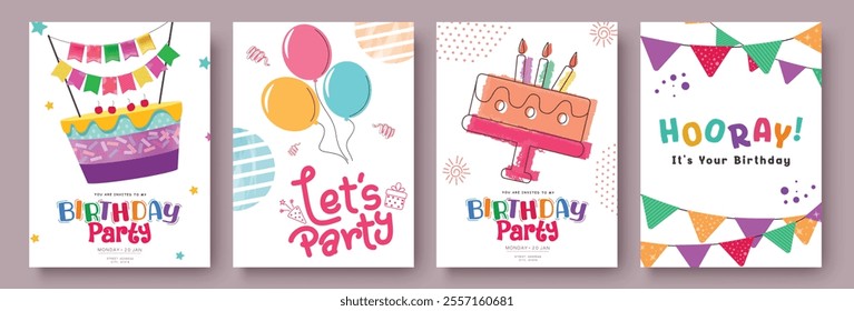 Birthday party invitation card clipart poster set design. Happy birthday greeting with cake, balloons and pennants elements colorful drawing sketch clip art in outline doodle background. Vector 