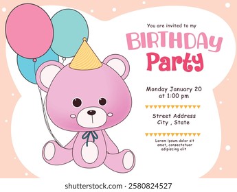 Birthday party invitation card clipart design. Purple teddy bear with balloon elements and bday party text in frame for invitation card template clip art pink background. Vector illustration 