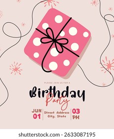 Birthday party invitation card clipart poster design. Happy birthday invitation card template with gift box in abstract background.