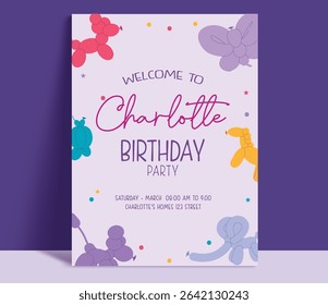 Birthday party invitation card clipart poster. Happy birthday greeting text clip art with animal shape balloons decoration for kids party celebration template vector illustration.
