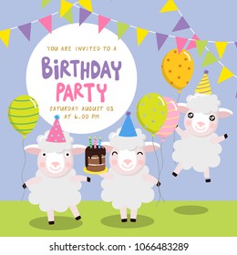 Birthday Party invitation card with cute sheeps and balloons
