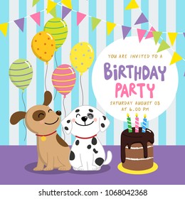 Carta de invitación para fiestas de cumpleaños con perros lindos y pastel de chocolate.