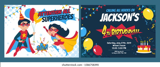 Birthday Party Invitation Card With Cute Girl And Boy Heroes Vector Illustration. Festive Inviting Template With Superheroes, Balloons And Holiday Cake. Kids Birth Concept