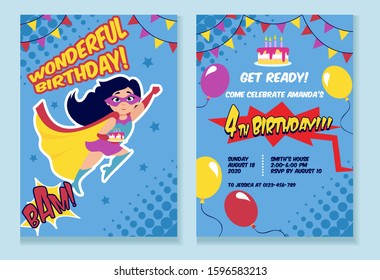 Birthday party invitation card with cute girl vector illustration. Birth inviting template with funny kid in superhero costume, air balloons and holiday cake