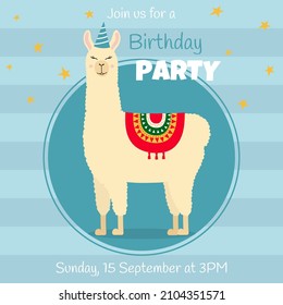 Birthday party invitation card with cute llama. Funny alpaca with birthday hat on blue background. Template for nursery design, poster, birthday card, invitation, baby shower and party decor