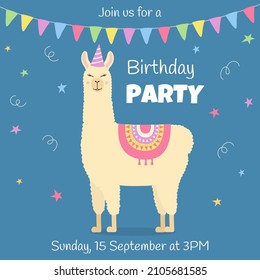 Birthday party invitation card with cute llama. Funny alpaca with birthday hat on blue background. Template for nursery design, poster, birthday card, invitation, baby shower and party decor